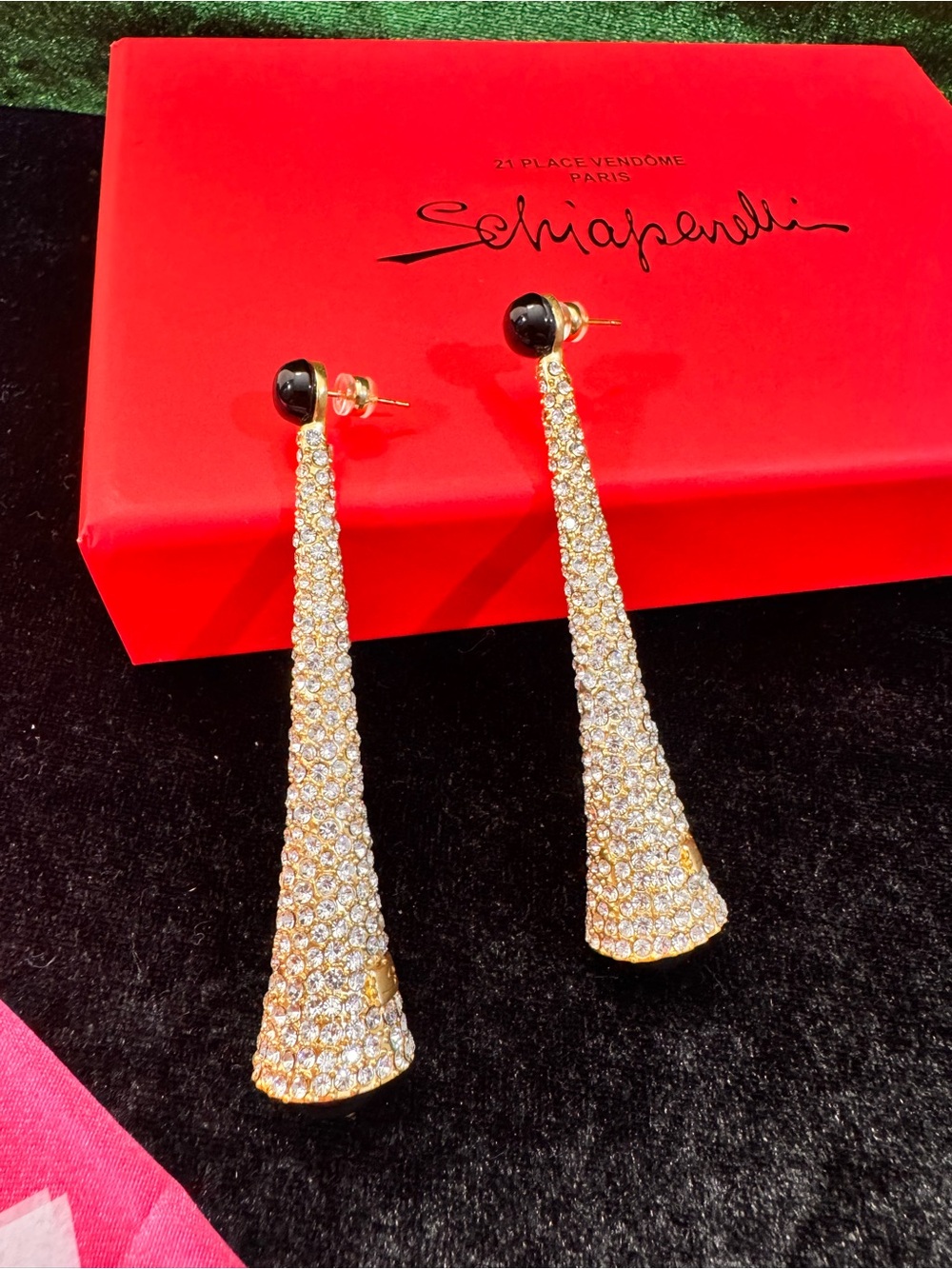 Schiaparelli Gold Crystal Cone Drop Earrings with Black Stud
